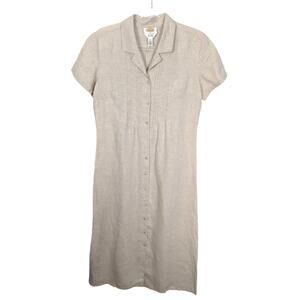Vintage Talbots Irish Linen Maxi Shirt Dress Short Sleeve Collared Tan Pintuck